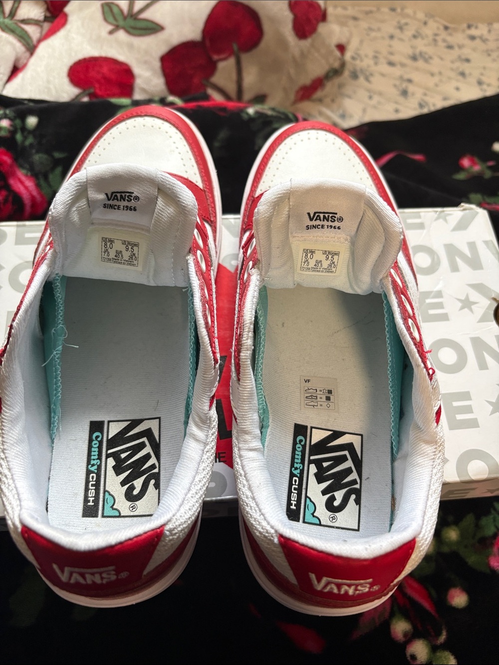 Vans Red and White Low-Top Skate Sneakers